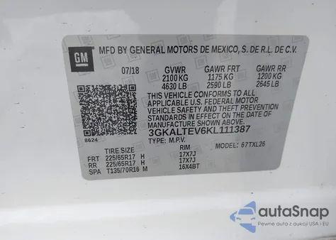 2019 GMC Terrain Sle z USA, uszkodzony, nr VIN 3GKALTEV6KL111387